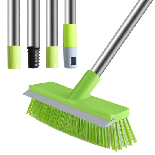 Floor Scrub Brush with Rubber Blade and Adjustable Long Handle